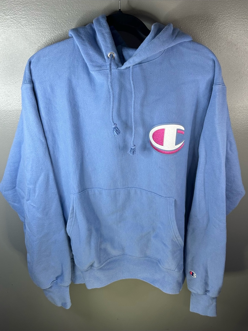Vintage Y2K Champion Reverse Weave Blue Pink Hoodie Sweatshirt Size Large